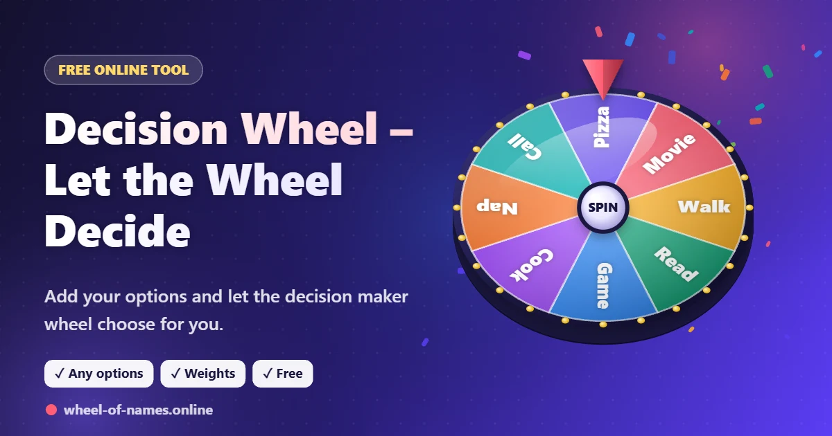 Decision Wheel – 3D spinning wheel showing Pizza, Movie, Walk and more