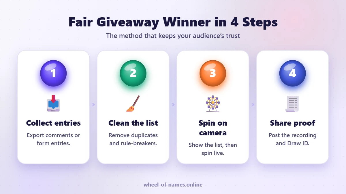 Fair Giveaway Winner in 4 Steps: Collect entries, Clean the list, Spin on camera, Share proof