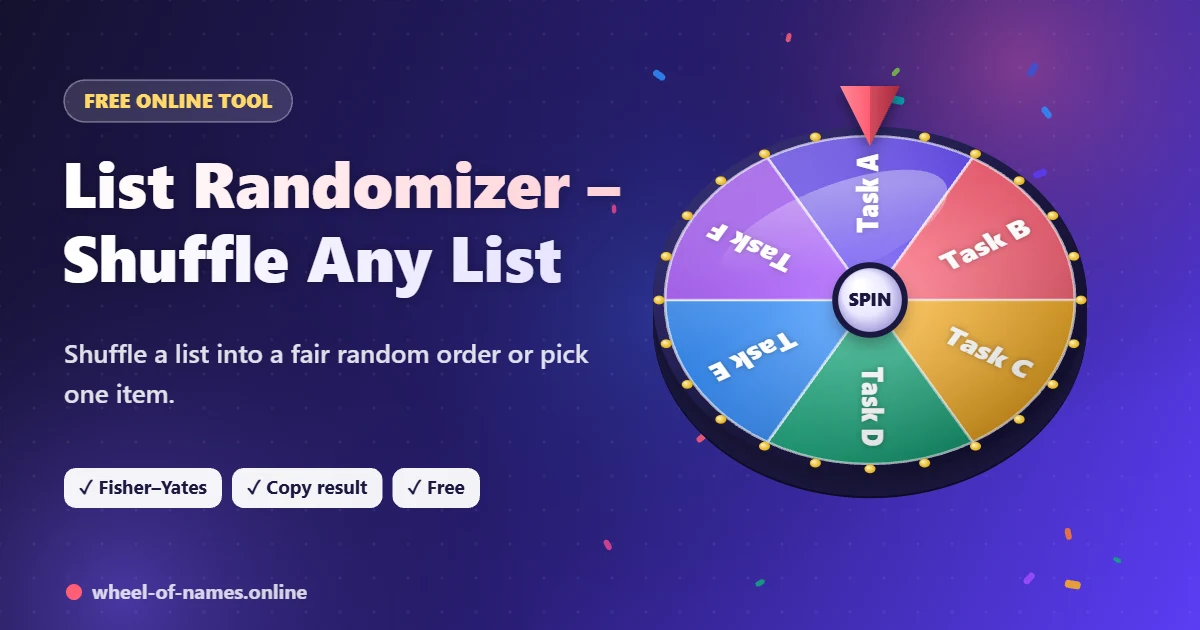 List Randomizer – 3D spinning wheel showing Task A, Task B, Task C and more