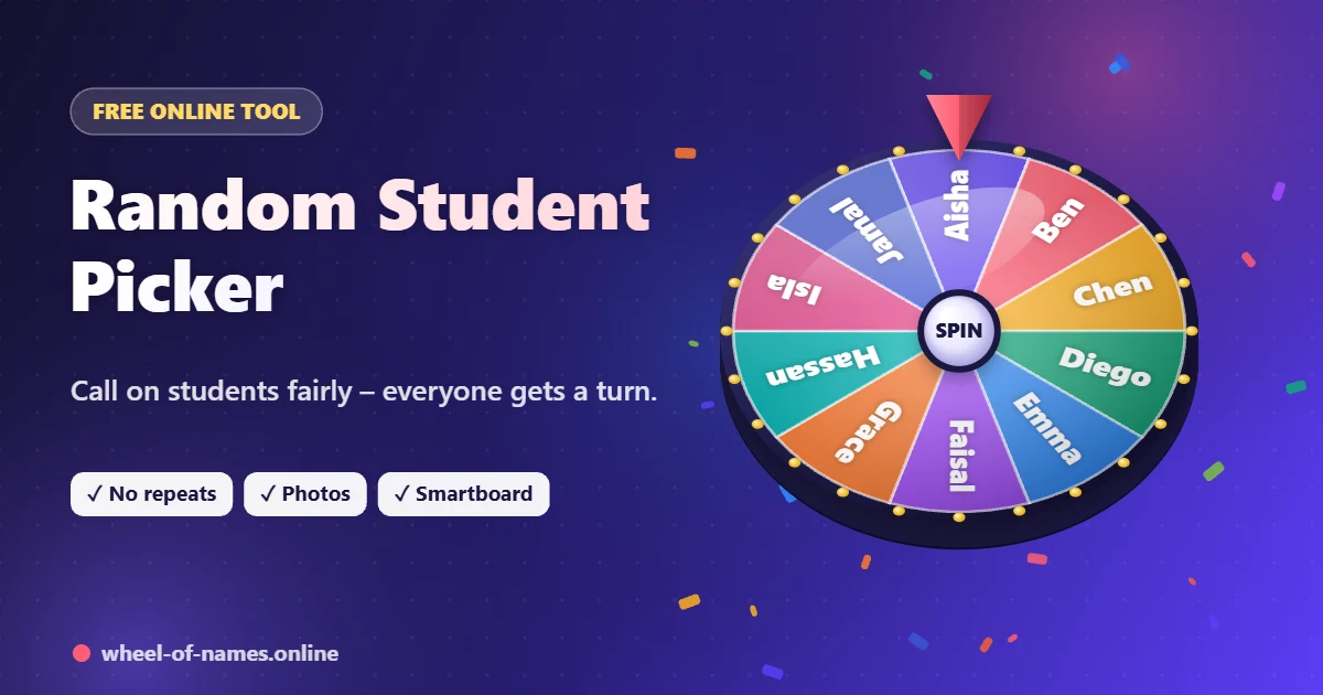 Random Student Picker – 3D spinning wheel showing Aisha, Ben, Chen and more