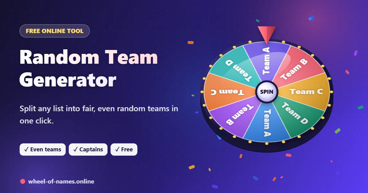 Random Team Generator – 3D spinning wheel showing Team A, Team B, Team C and more