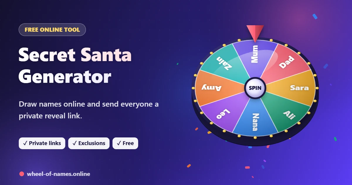 Secret Santa Generator – 3D spinning wheel showing Mum, Dad, Sara and more